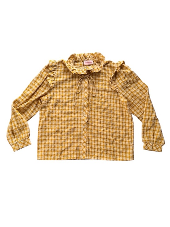 Lisa Says Gah Tops - Lisa Says Gah! Yellow Blouse Ruffle Collar Button Down Checkered